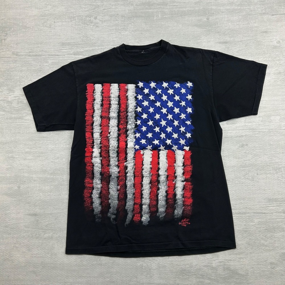 Vintage 90s American Flag Shirt Size Large Black Wild Oats 1990 USA Graphic Tee